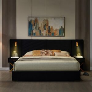 Olodumare Luxurious King Platform Bed Frame, Velvet Upholstered Headboard with 2 Built-in Wall Sconces & Nightstands, Sturdy Metal & Solid Wood Frame, Squeak-Free, No Box Spring Needed, Polar Black