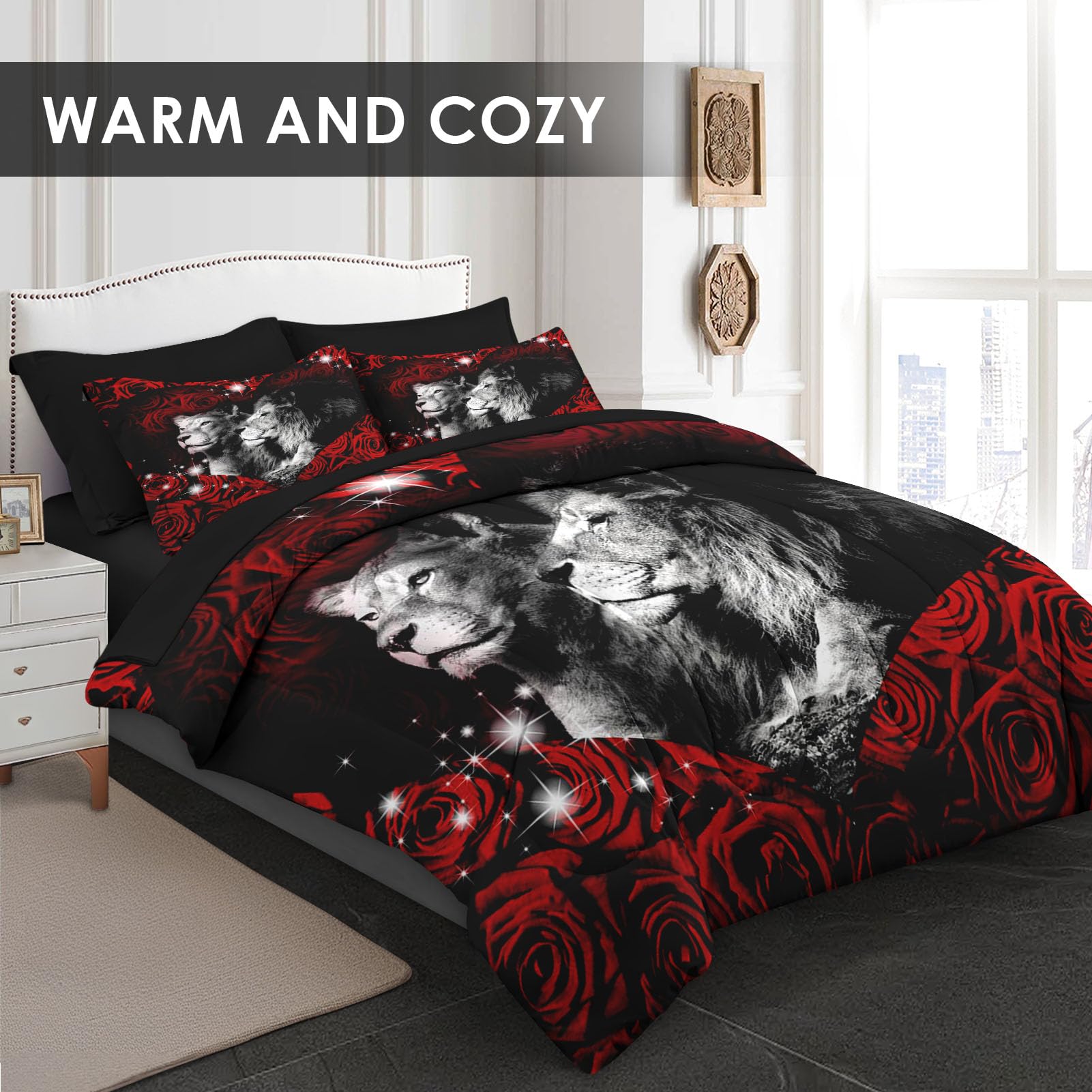 Pinbeam 7 Pcs Comforter Set King Size, Lion Animal African Bed in a Bag with Flat Sheet and Fitted Sheet for Kids and Adults, Red Rose Flowers Bedding Set with 2 Pillowcases & 2 Shams