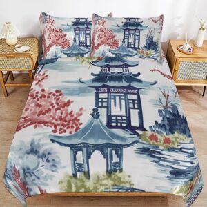 Madcolitote White Blue Coral Chinese Pagoda Duvet Cover Sets King Size Soft 3 Pieces Chinoiserie Asian Inspired Cover with Zipper Bedding Full Set with Pillow Shams