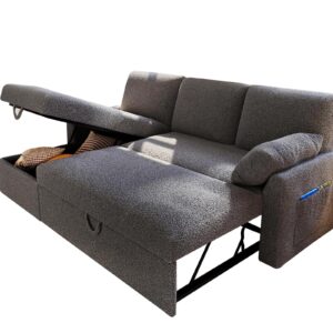 PaPaJet Sofa Bed, Sleeper Sofa with Storage Chaise, L Shaped Sofa with Pull Out Bed, Oversized Sofas for Living Room-Dark Grey Boucle