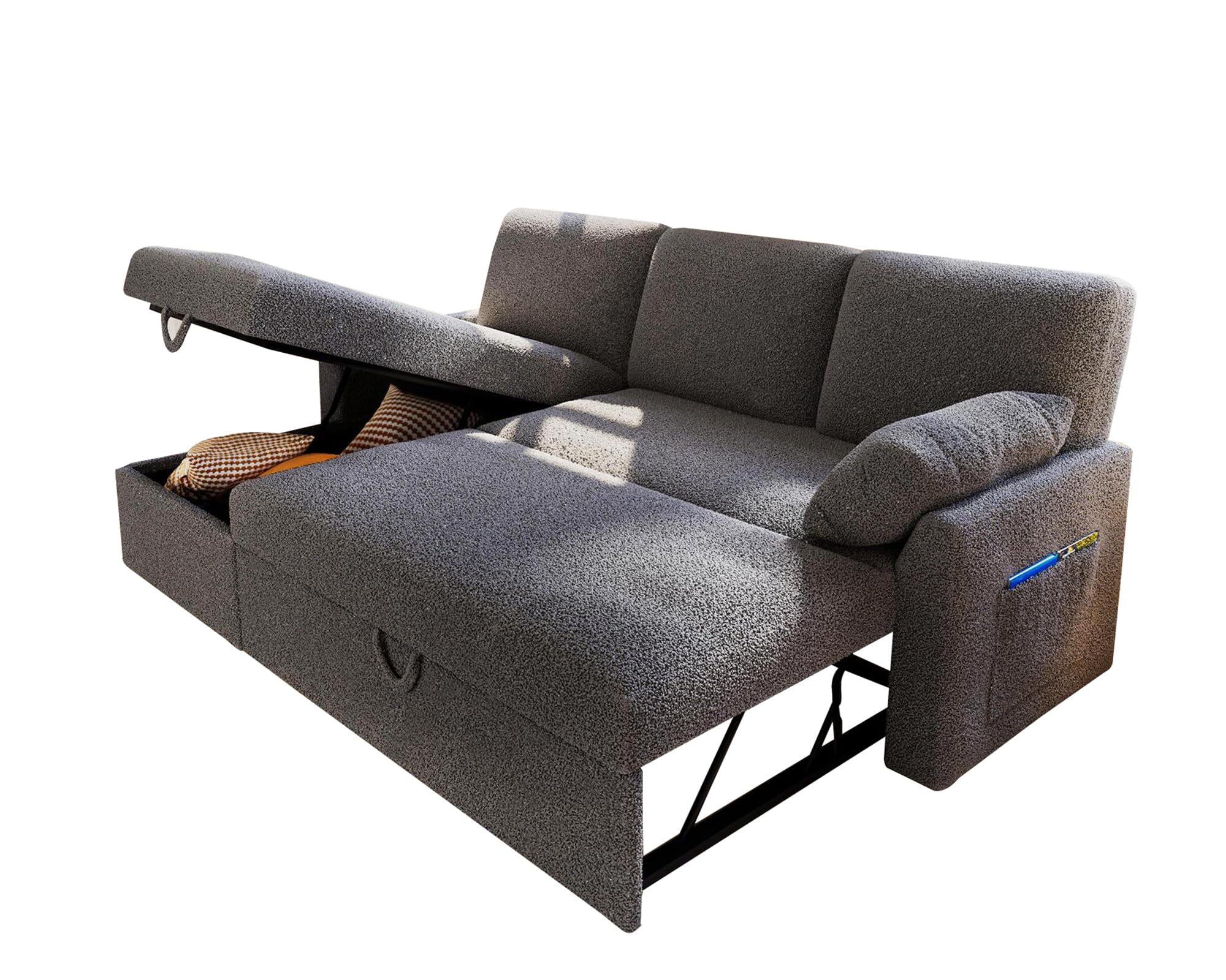 PaPaJet Sofa Bed, Sleeper Sofa with Storage Chaise, L Shaped Sofa with Pull Out Bed, Oversized Sofas for Living Room-Dark Grey Boucle