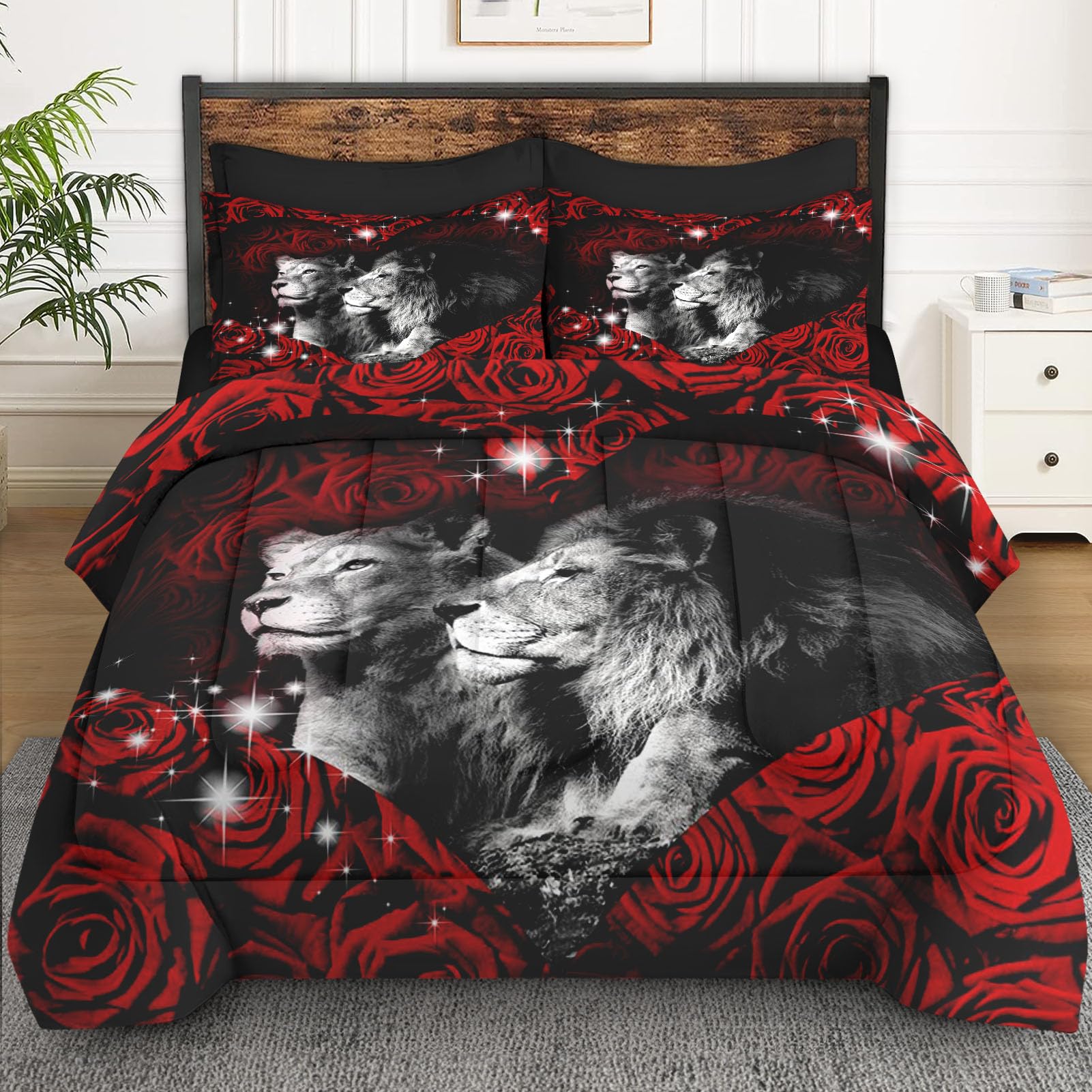 Pinbeam 7 Pcs Comforter Set King Size, Lion Animal African Bed in a Bag with Flat Sheet and Fitted Sheet for Kids and Adults, Red Rose Flowers Bedding Set with 2 Pillowcases & 2 Shams