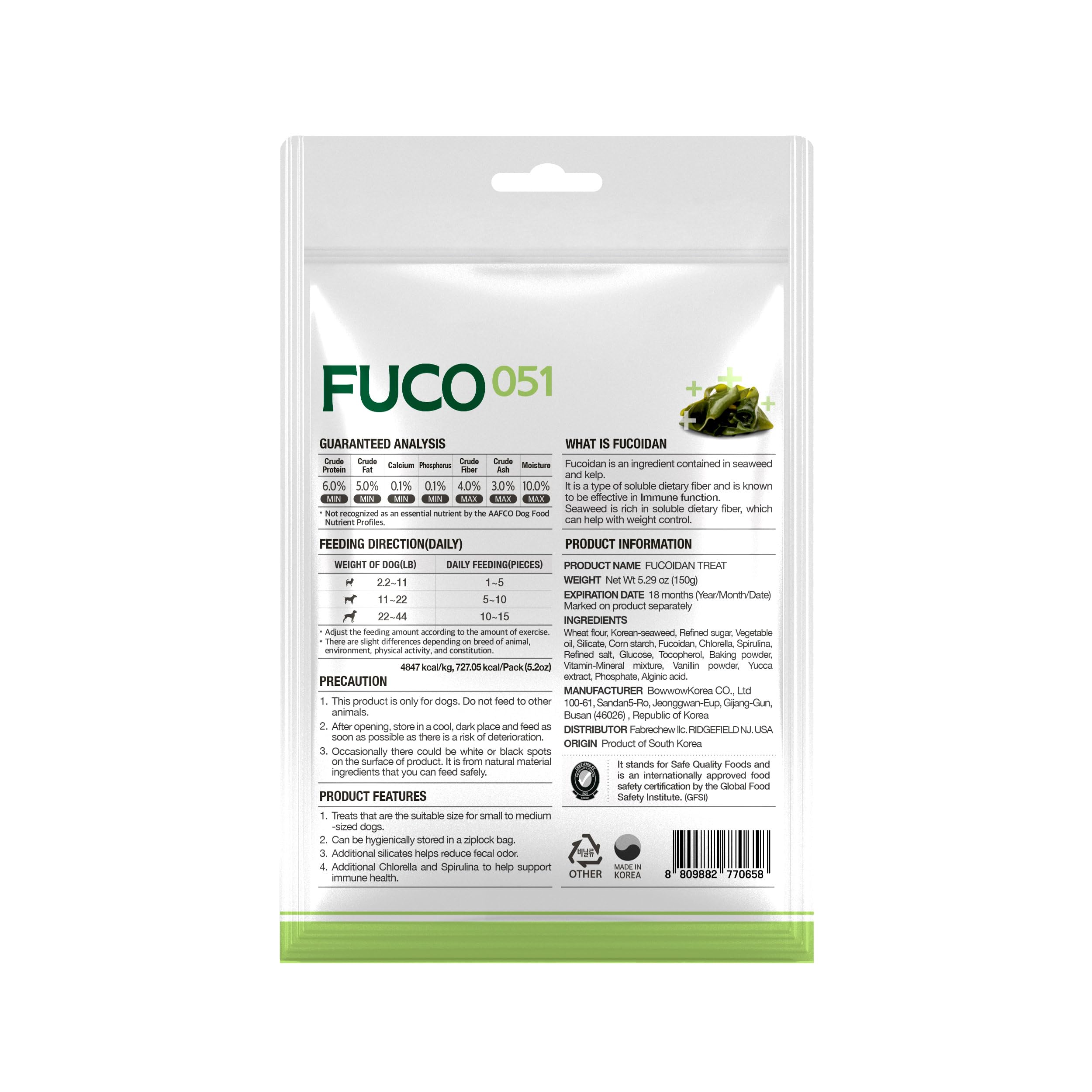 Fabrechew Fuco 051 Fucoidan Treat for Dogs – Immune & Digestive Health, Stool & Odor Support, Antioxidant, Superfood with Spirulina & Kelp, 5.29 oz (150g)