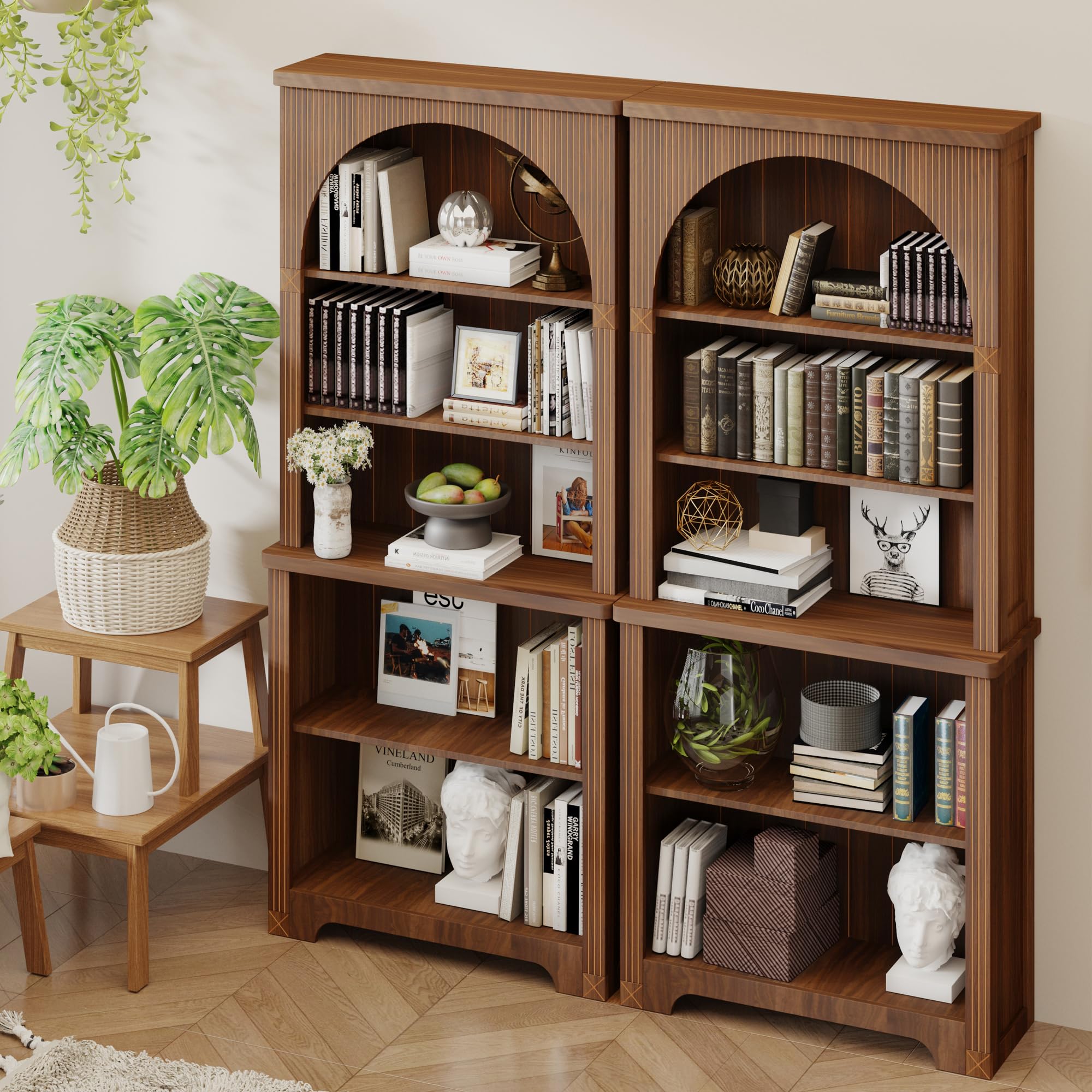 FurSch 71" Tall Arched Book Shelf,Walnut 5 Tier Wooden Arched Bookshelf,Arched Storage Cabinet Pantry for Living Room,Bedroom