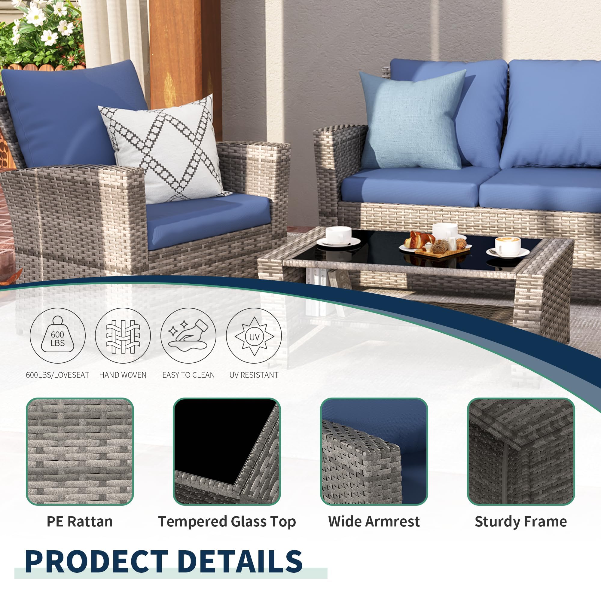 VONZOY 4 Pieces Patio Furniture Set, Wicker Outdoor Sectional Sofa Couch Set, Grey PE Rattan Patio Conversation Sets for Balcony, Porch, Blue