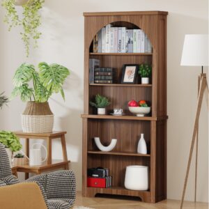 FurSch 71" Tall Arched Book Shelf,Walnut 5 Tier Wooden Arched Bookshelf,Arched Storage Cabinet Pantry for Living Room,Bedroom