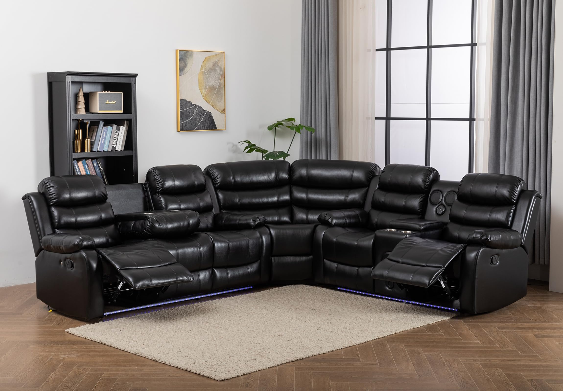 Recliner Sectional Sofa Couches with LED Light for Living Room Home Theater with Cup Holders Console Table Storage