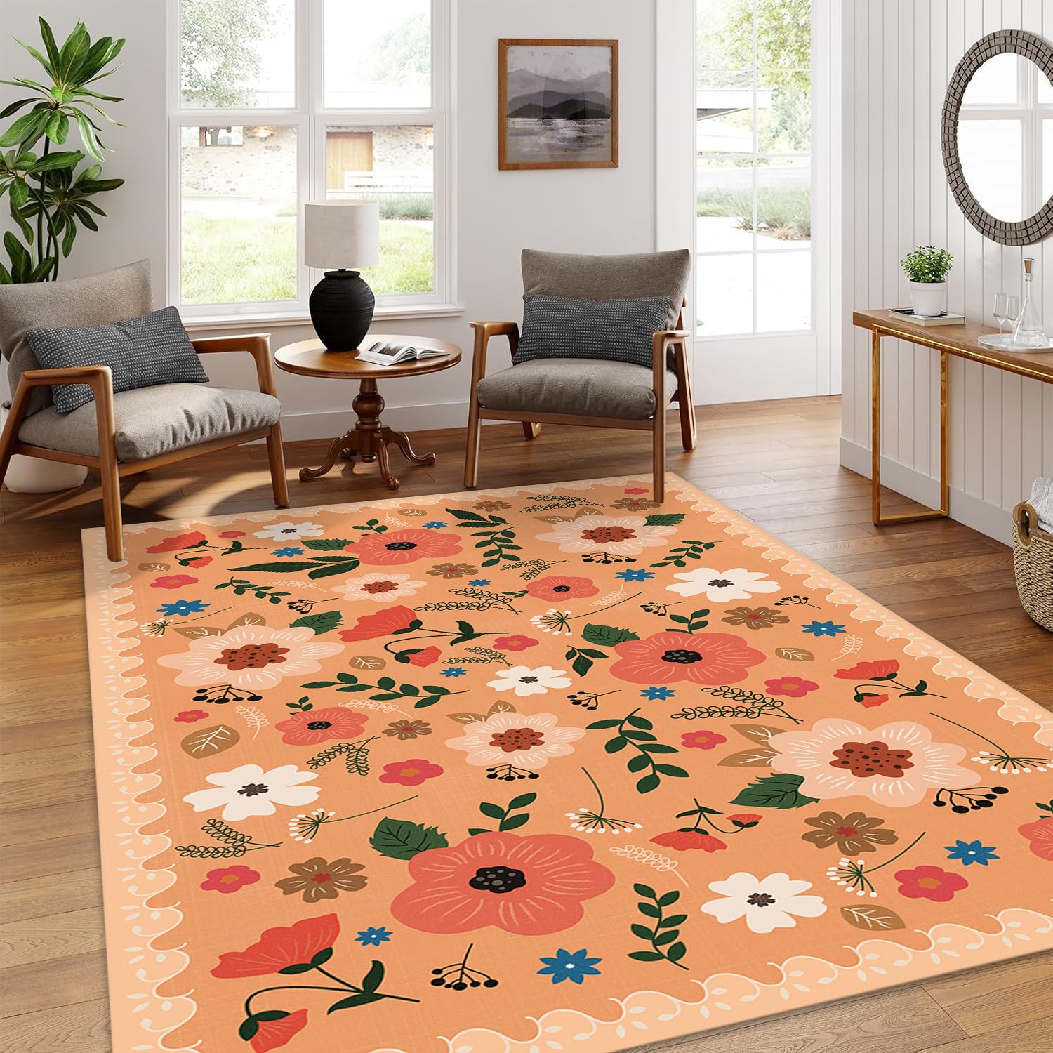 Area Rugs for Living Room Machine Washable Floral Rugs for Bedroom Carpet Rugs Non Slip Stain Resistant Entryway Rug Low-Pile Throw Rug for ‎Dining Room Office Children's Room