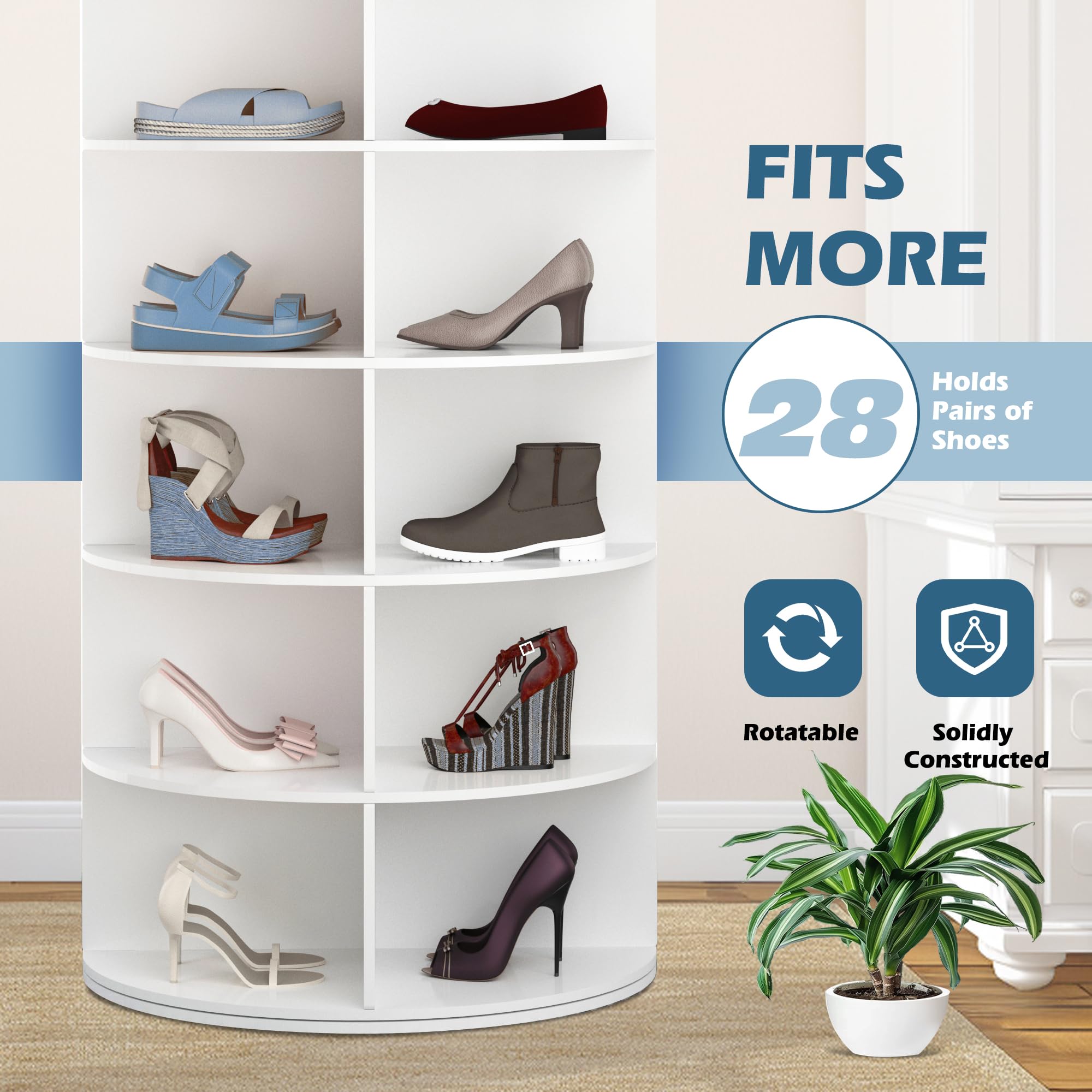 Decomax 7-Tier Rotating Shoe Rack Tower - Free Standing Spinning Shoes Organizer, 360° Vertical Spinning Shoe Display Lazy Susan, Closet Shoe Cabinet Rack Fits 28 Pairs of Shoes Bags Plants