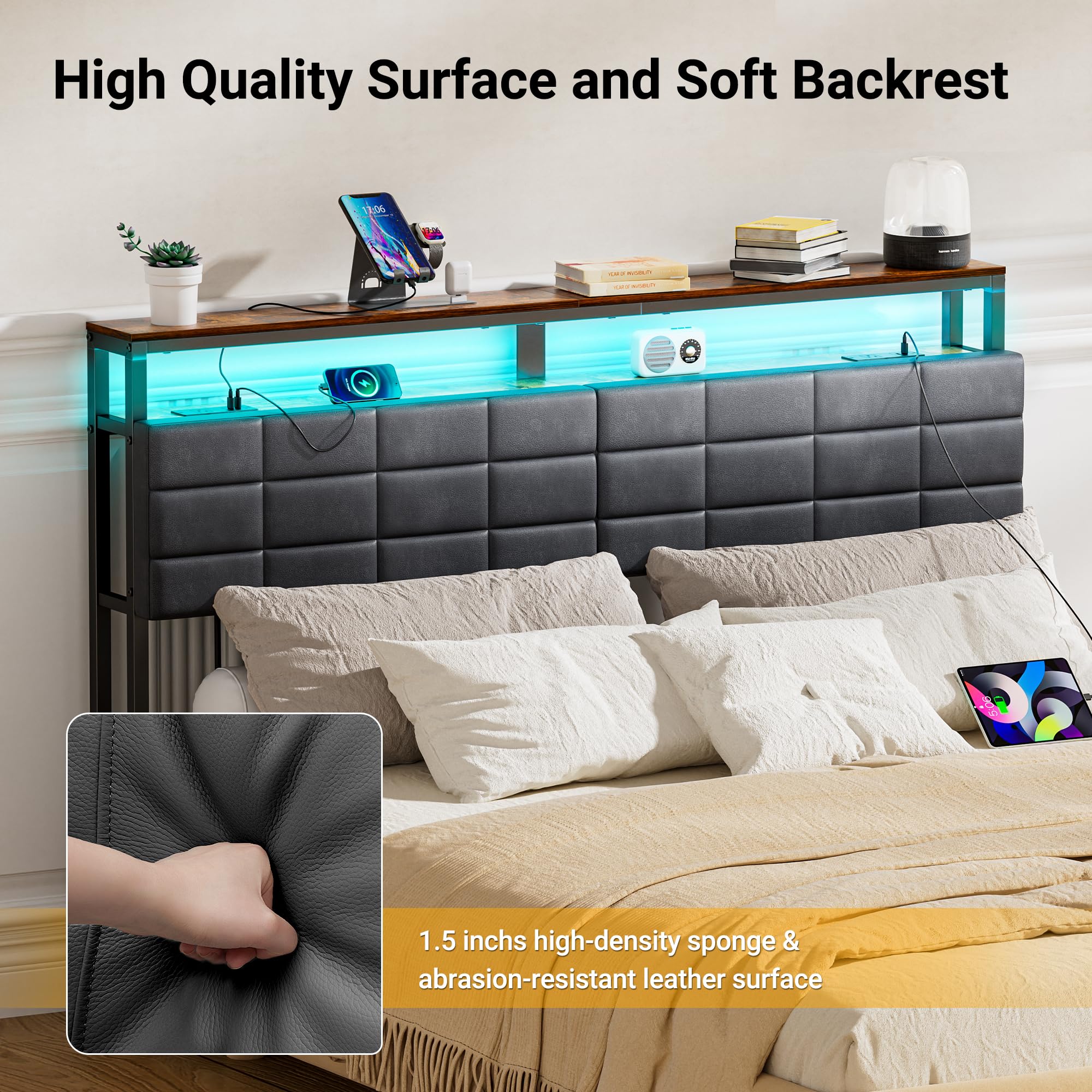 InHomFu Queen Headboard with Storage Shelf, Headboard Queensize Bed Frame with Outlets, USB Ports and LED Light, Upholstered Queen Size Headboard Height Adjustable, Stable Queen Headboard Only