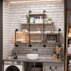 WFSRESTD Industrial Pipe Shelving, 4 Tier Rustic Wooden Floating Shelves, Wall Display Bookshelf, Storage Rack Sundries Holder for Kitchen Office Bathroom Organization and Home Decor