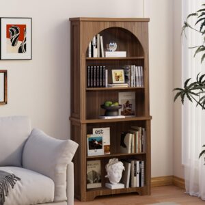 FurSch 71" Tall Arched Book Shelf,Walnut 5 Tier Wooden Arched Bookshelf,Arched Storage Cabinet Pantry for Living Room,Bedroom