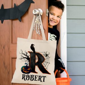 Custom Name & Initials Halloween Tote Bags - Personalized Trick or Treat Bag with Pumpkin & Skeleton - Reusable 15x16" Gift Bag for Everyday Use & Halloween Parties - Fun Designs