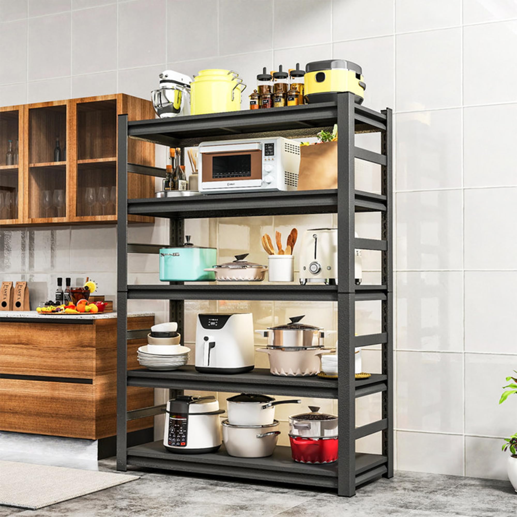 BEESTMUEBLE Kitchen Pantry Shelves, Large Capacity Storage Rack Heavy-Duty Shelving Unit, Pantry Spice Organizer, Kitchen Standing Shelf, 63” H × 15.7” D × 32” W, Black