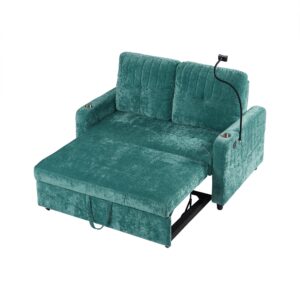 3 in 1 Convertible Sleeper Sofa Bed, Modern Chenille Loveseat Pull Out Couch Bed with Cup Holder & USB Port, Phone Holder and Adjustable Backrest, Loveseat Lounge for Living Room Office (Teal/)