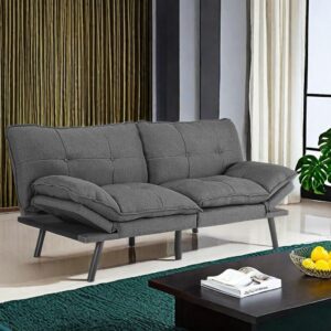 FONTOI Convertible Futon Sofa Bed, Moderm Foam Linen Fabric Loveseat Couch with Push-Pull Design for Relaxing, Sleeping, or Hosting Guests in Small Spaces, Grey