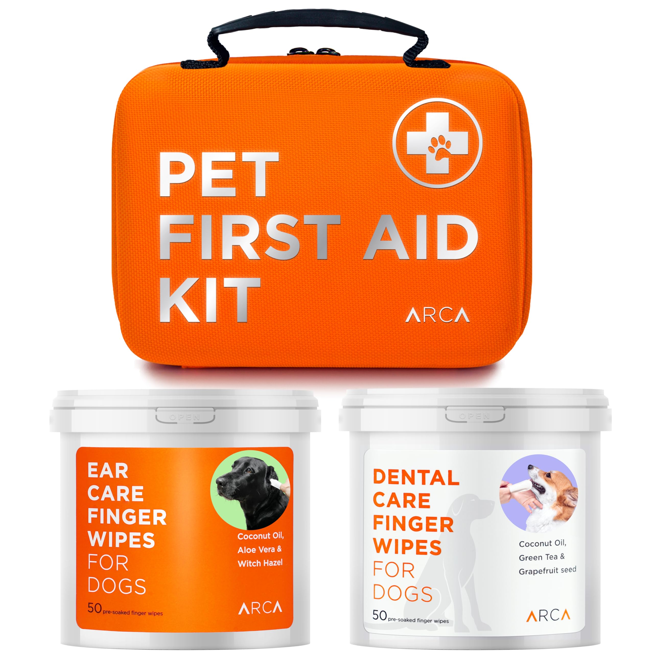 ARCA PET Ultimate Care Bundle: First Aid Kit, Ear Cleaner Wipes & Dental Care Wipes