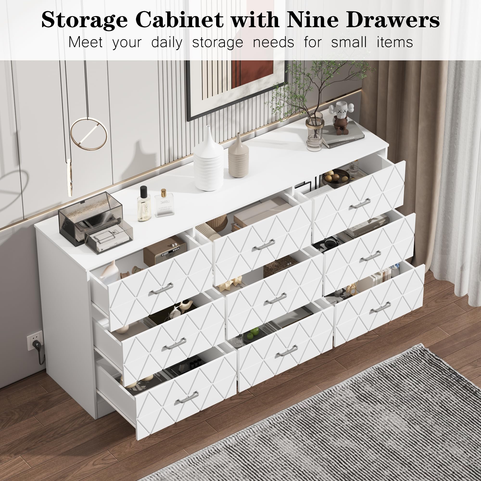 GarveeHome 9 Drawer White Dresser for Bedroom with Power Outlet, 63'' Wooden Large Dresser with Wide Drawer, Modern Chest of Drawers for Closet, Storage Organizer Long Dresser for Hallway, Living Room