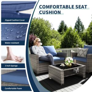 VONZOY 4 Pieces Patio Furniture Set, Wicker Outdoor Sectional Sofa Couch Set, Grey PE Rattan Patio Conversation Sets for Balcony, Porch, Blue