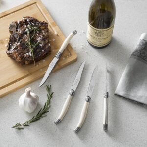 French Home Laguiole Connoisseur 4-Piece Steak Knife Set – Stainless Steel Dinner Knives with Ivory-Colored Handles, Etched Detailing & Napoleon Bee Emblem – Serrated Knives for Smooth Cutting (9.25")