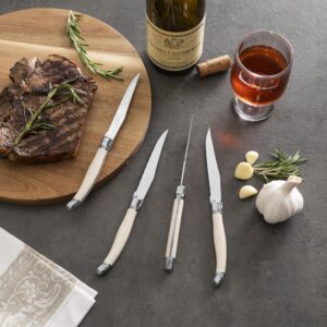 French Home Laguiole Connoisseur 4-Piece Steak Knife Set – Stainless Steel Dinner Knives with Ivory-Colored Handles, Etched Detailing & Napoleon Bee Emblem – Serrated Knives for Smooth Cutting (9.25")