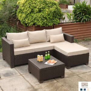 Oasishine Wicker Patio Furniture Patio Couch 3 Pieces Patio Furniture Set Outdoor Sectional with Ottoman and Outdoor Storage Table with Lining Weathering Non-Slip Cushions Waterproof Covers, Khaki