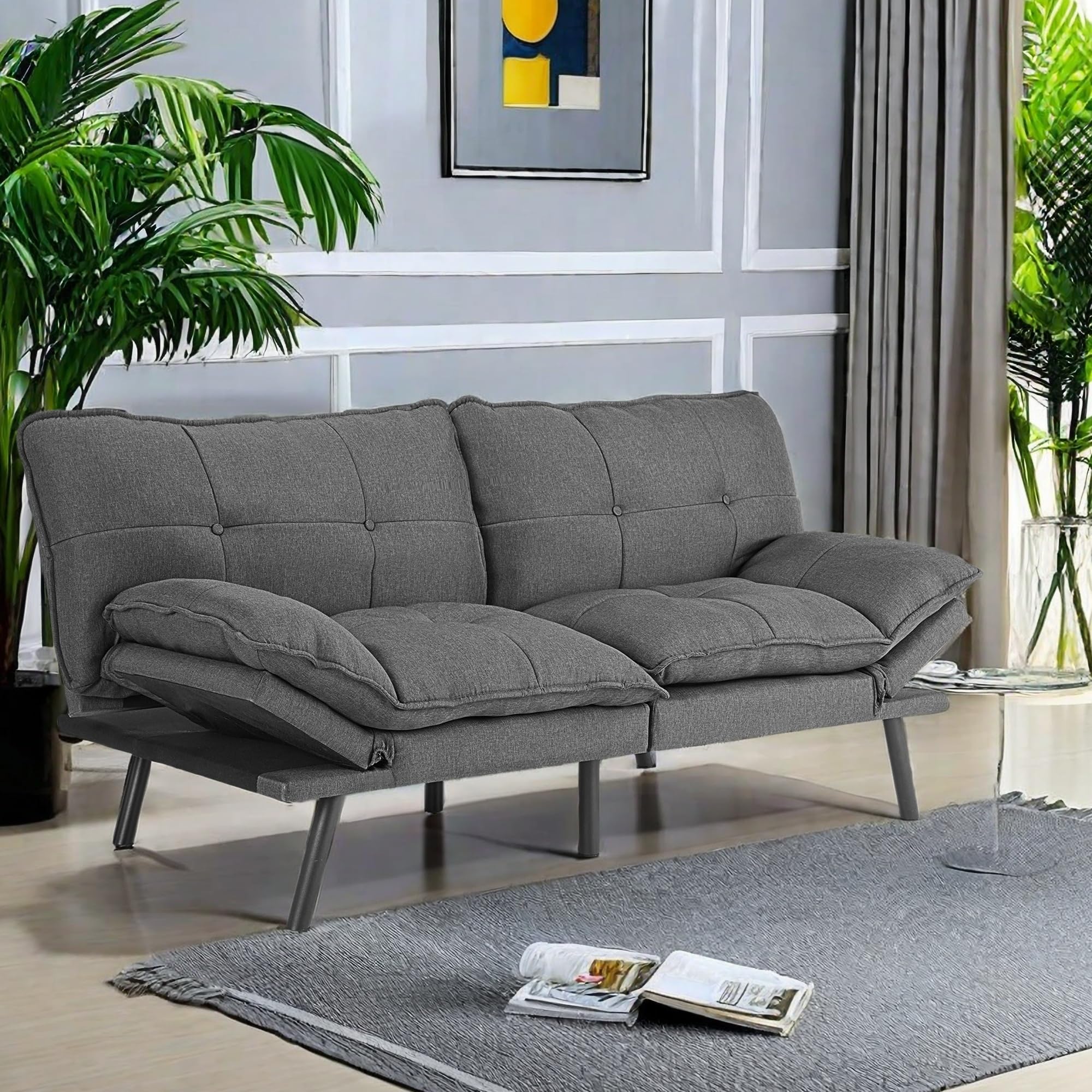 FONTOI Convertible Futon Sofa Bed, Moderm Foam Linen Fabric Loveseat Couch with Push-Pull Design for Relaxing, Sleeping, or Hosting Guests in Small Spaces, Grey