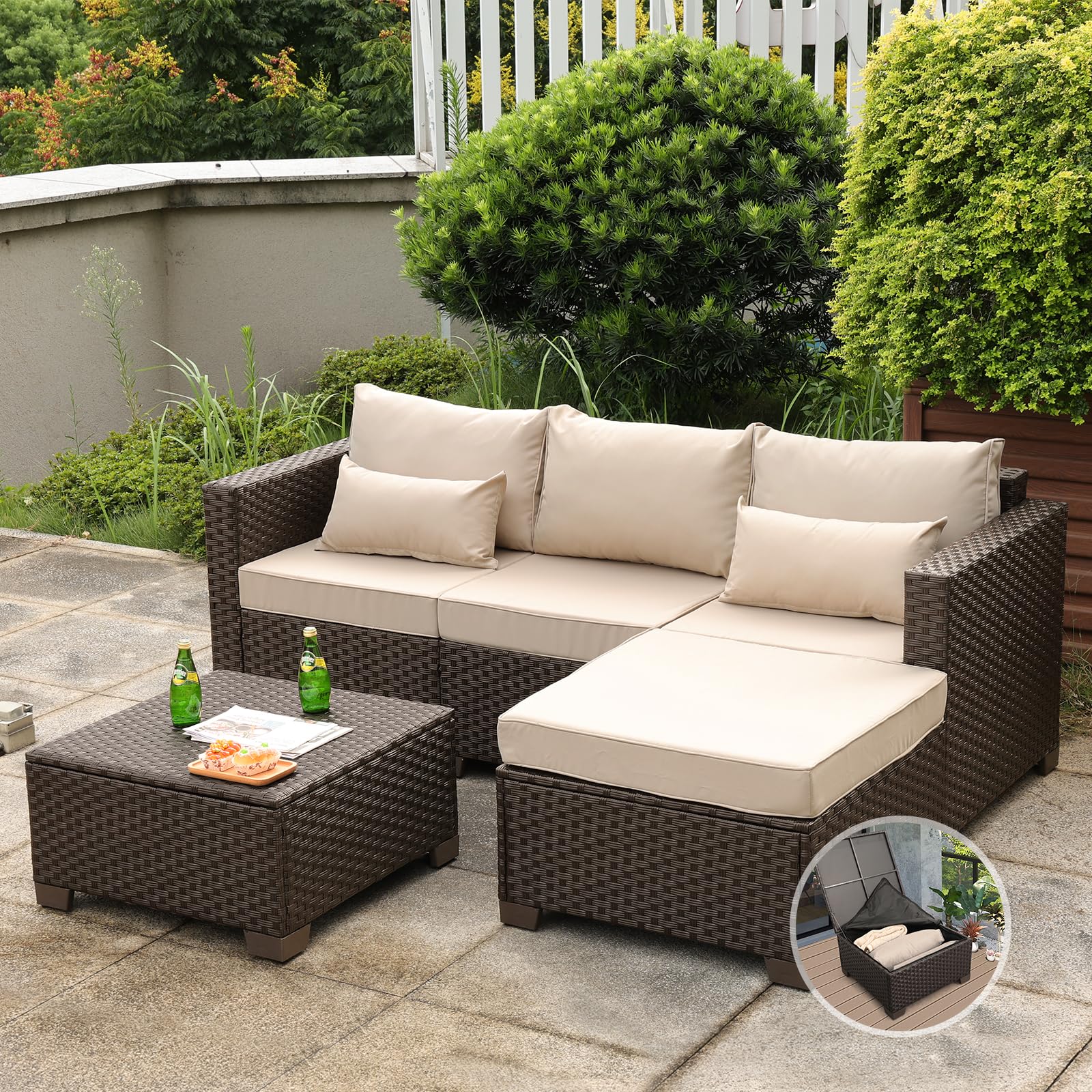 Oasishine Wicker Patio Furniture Patio Couch 3 Pieces Patio Furniture Set Outdoor Sectional with Ottoman and Outdoor Storage Table with Lining Weathering Non-Slip Cushions Waterproof Covers, Khaki