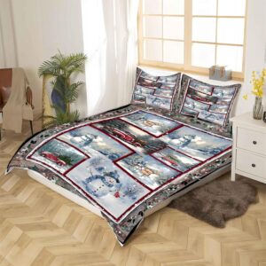 Snowman Bedding 4 Piece Set, King Size Happy New Year Geometric Patchwork Snowman Duvet Cover Set Winter Quilt Cover Christmas Theme Bed Sheet Set for Girls Boys Children Christmas Eve Bedding