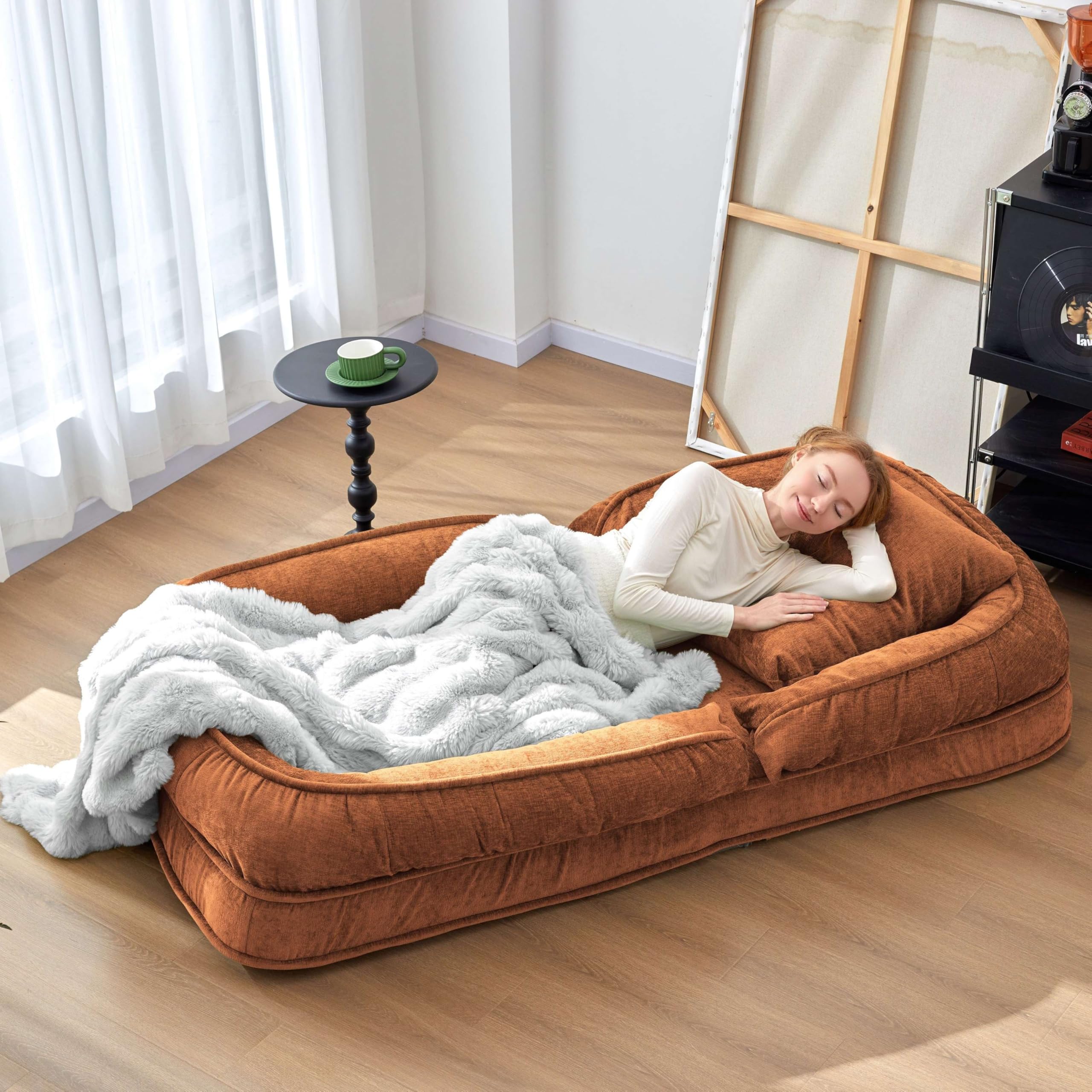 LouannTatami Foldable Lazy Sofa Bed Floor Chair - Adjustable Human Dog Bed for Adults Kids Floor Seats - Cozy Small Couch for Home Living Room (Pumpkin)