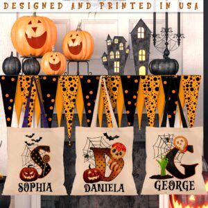 Custom Name & Initials Halloween Tote Bags - Personalized Trick or Treat Bag with Pumpkin & Skeleton - Reusable 15x16" Gift Bag for Everyday Use & Halloween Parties - Fun Designs