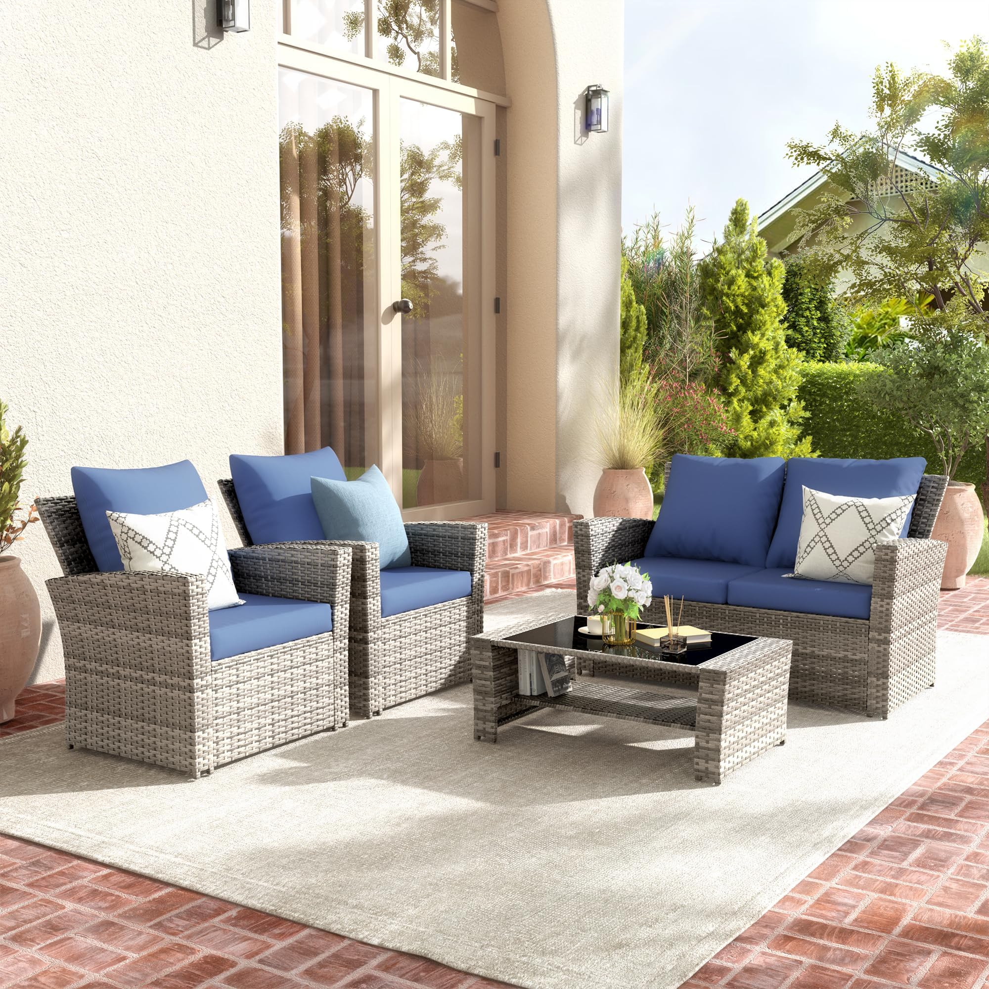 VONZOY 4 Pieces Patio Furniture Set, Wicker Outdoor Sectional Sofa Couch Set, Grey PE Rattan Patio Conversation Sets for Balcony, Porch, Blue