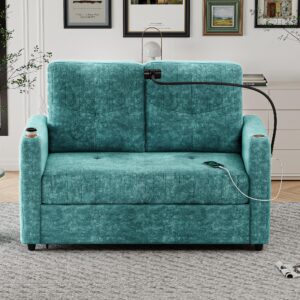 3 in 1 Convertible Sleeper Sofa Bed, Modern Chenille Loveseat Pull Out Couch Bed with Cup Holder & USB Port, Phone Holder and Adjustable Backrest, Loveseat Lounge for Living Room Office (Teal/)