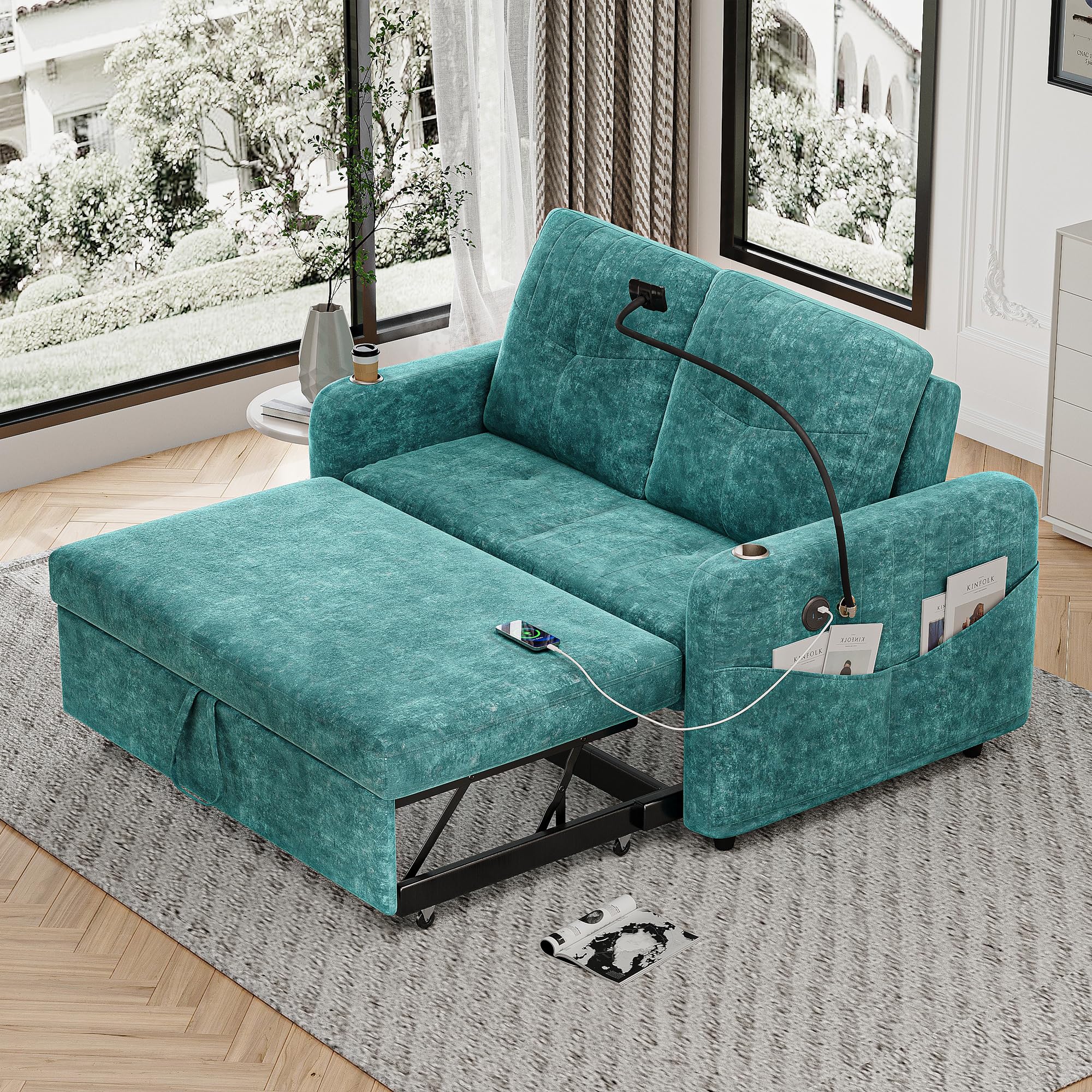 3 in 1 Convertible Sleeper Sofa Bed, Modern Chenille Loveseat Pull Out Couch Bed with Cup Holder & USB Port, Phone Holder and Adjustable Backrest, Loveseat Lounge for Living Room Office (Teal/)