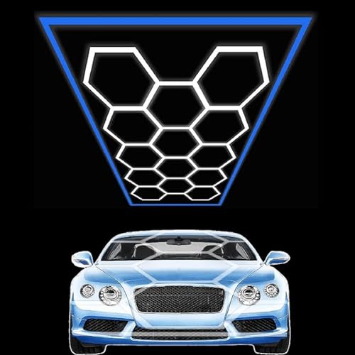 DHXYHQY Hexagon Garage Lights, 14 Hex Grid Honeycomb LED Shop Light with Rectangle Frame for Car Detailing Shop Ceiling Mount, Basement, Gym, Warehouse, Bright 6500K, 90000LM,Blue Frame