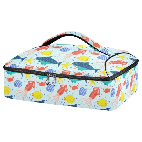 Kcldeci Insulated Thermal Food Carrier Insulated Casserole Carrier for Hot or Cold Food,Fish Crab Starfish Shark and Octopus Insulated Tote Bag for Potluck Cookouts Parties Picnic,Lasagna Lugger