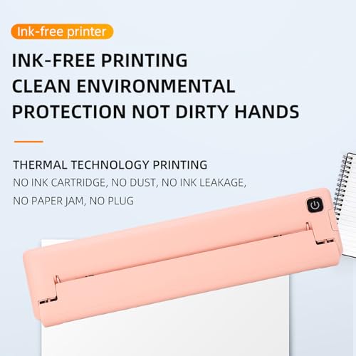 Gearwell Inkless Thermal Printer, A4 Paper Mini Printer, Bluetooth Connection Inkless Thermal Printing Machine, Battery Powered 90 Sheets Capacity Pink