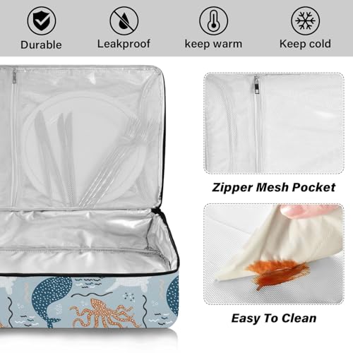 Kcldeci Insulated Thermal Food Carrier Insulated Casserole Carrier for Hot or Cold Food,Whale Squid Fish Turtle and Shark Insulated Tote Bag for Potluck Cookouts Parties Picnic,Lasagna Lugger