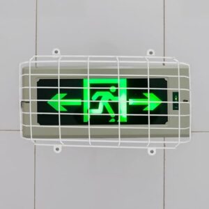 OFFSCH 2pcs School Evacuation Sign Emergency Light Wall Protective Covers Emergency Signal Damage Stopper LED Exit Sign Light Covers Guard Exit Sign Wall Covers Exit Wire Guard White Iron