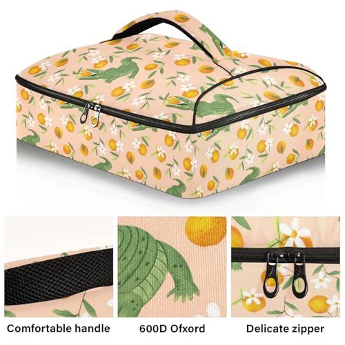 Kcldeci Insulated Thermal Food Carrier Insulated Casserole Carrier for Hot or Cold Food,Crocodile and Oranges Insulated Tote Bag for Potluck Cookouts Parties Picnic,Lasagna Lugger