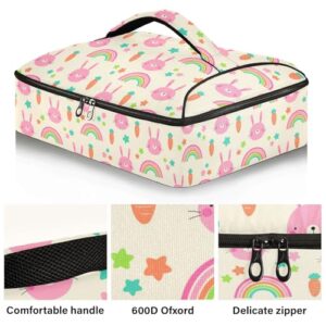 Kcldeci Insulated Thermal Food Carrier Insulated Casserole Carrier for Hot or Cold Food,Pink Rabbit with Carrot Rainbow Insulated Tote Bag for Potluck Cookouts Parties Picnic,Lasagna Lugger