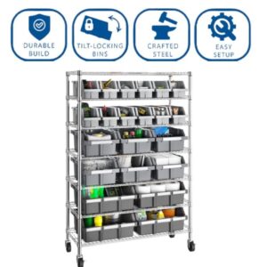 Heavy Duty Steel Wire Shelving Storage Unit, 7 Tier Bin Rack, Mobile Organizer for Garage, Warehouse, Office, Restaurant (36" W x 14" D x 56" H, 22 Bin)