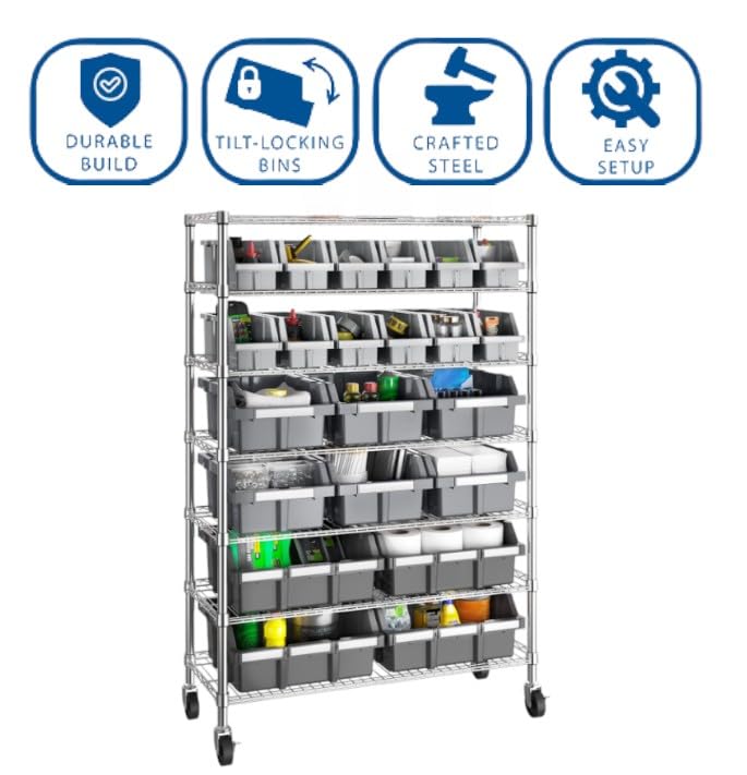 Heavy Duty Steel Wire Shelving Storage Unit, 7 Tier Bin Rack, Mobile Organizer for Garage, Warehouse, Office, Restaurant (36" W x 14" D x 56" H, 22 Bin)