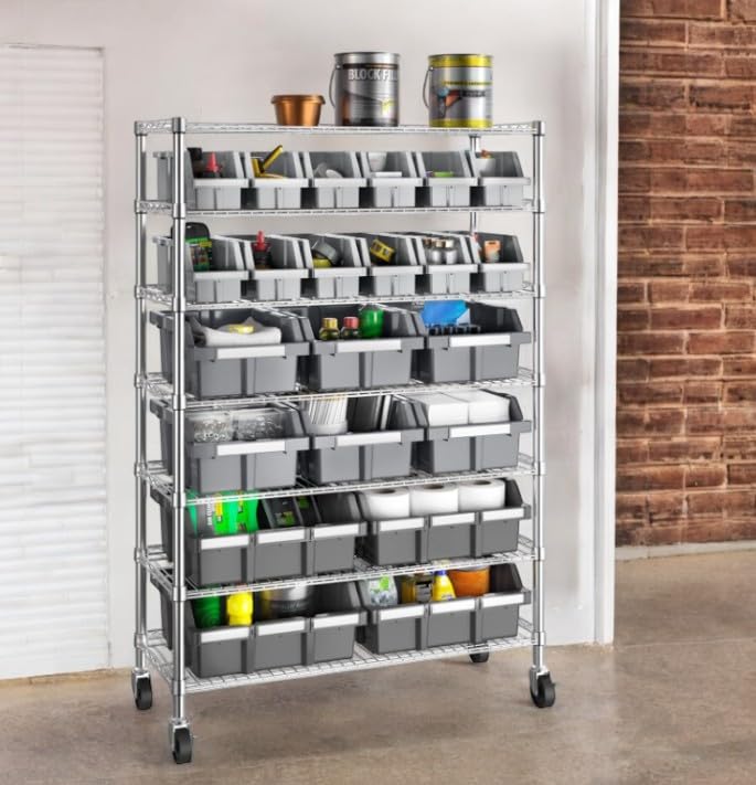 Heavy Duty Steel Wire Shelving Storage Unit, 7 Tier Bin Rack, Mobile Organizer for Garage, Warehouse, Office, Restaurant (36" W x 14" D x 56" H, 22 Bin)