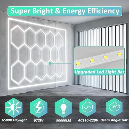 DHXYHQY Hexagon Garage Lights, 14 Hex Grid Honeycomb LED Shop Light with Rectangle Frame for Car Detailing Shop Ceiling Mount, Basement, Gym, Warehouse, Bright 6500K, 90000LM,Blue Frame