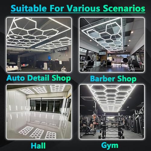 DHXYHQY LED Honeycomb Garage Light Fixture, Linkable Plug-in Ceiling Light, 6500K 14 Grid Hexagonal Light Set with Rectangle Frame for Garage, Detail Shop, Commercial Store, Office,Green Frame