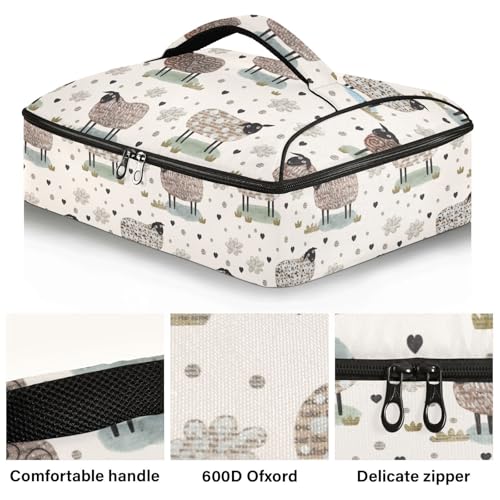 Kcldeci Insulated Thermal Food Carrier Insulated Casserole Carrier for Hot or Cold Food,Sheep Pattern Insulated Tote Bag for Potluck Cookouts Parties Picnic,Lasagna Lugger