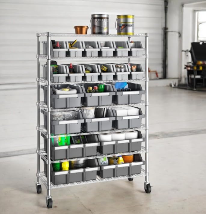 Heavy Duty Steel Wire Shelving Storage Unit, 7 Tier Bin Rack, Mobile Organizer for Garage, Warehouse, Office, Restaurant (36" W x 14" D x 56" H, 22 Bin)