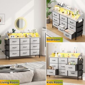 Lulive Dresser for Bedroom with 9 Drawers - Chest of Drawers for Bedroom with LED Light & Charging Station - Kids Adults Chest of Drawers for Living Room Hallway Closet Nursery (Grey)