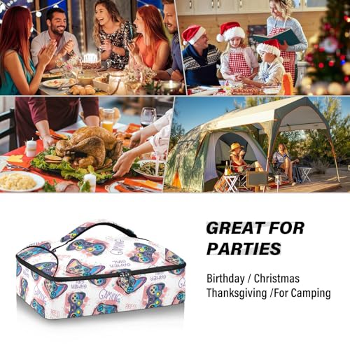 Kcldeci Insulated Thermal Food Carrier Insulated Casserole Carrier for Hot or Cold Food,Pattern with Joystick Gamer Elements Insulated Tote Bag for Potluck Cookouts Parties Picnic,Lasagna Lugger